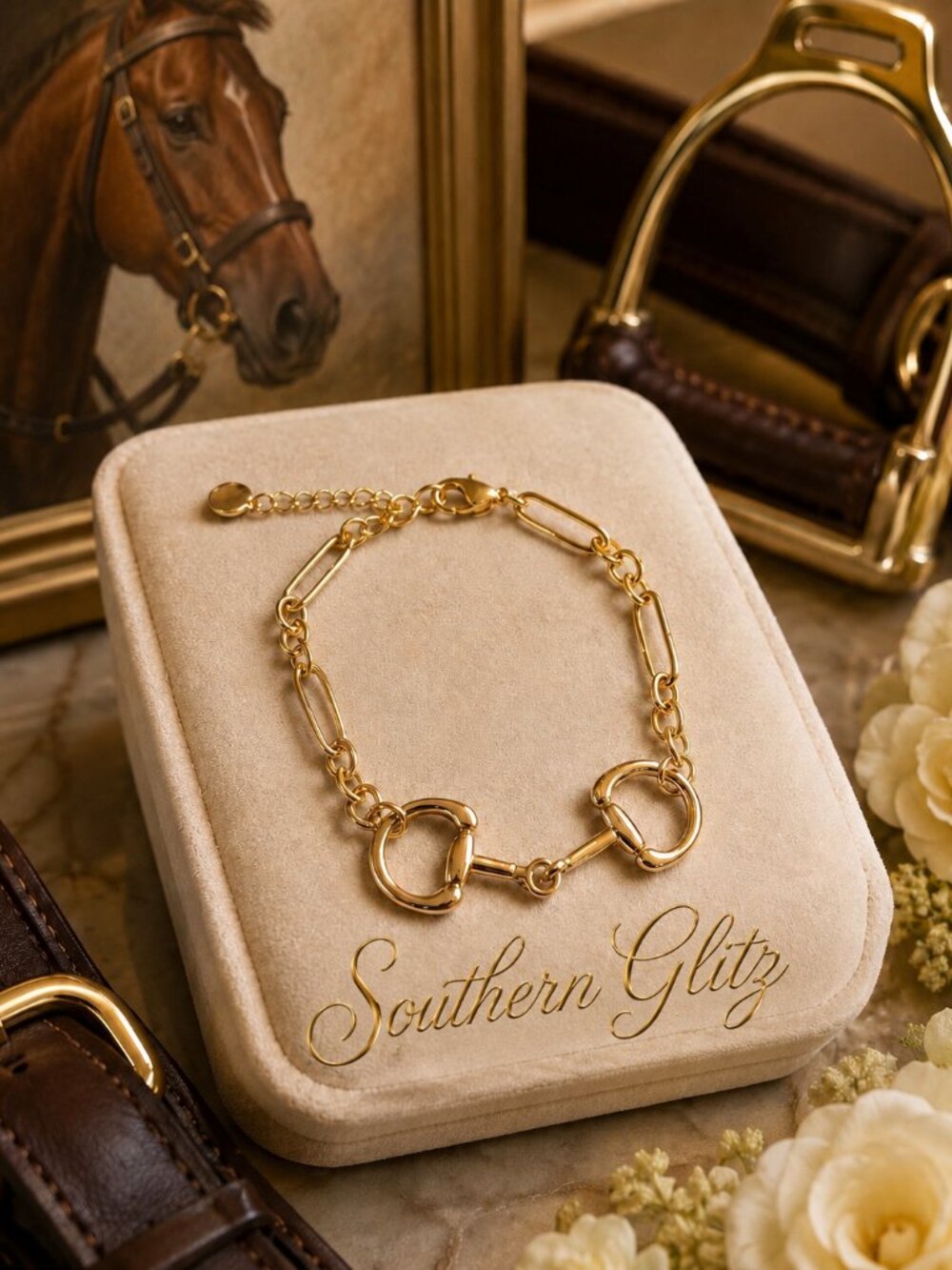 Gold Snaffle Bit Bracelet, Equestrian Horse Bit Jewelry, Adjustable Link Chain B